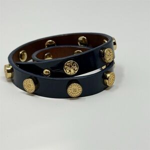 Tory Burch Navy Patent Leather Double Wrap Bracelet Brass Studs